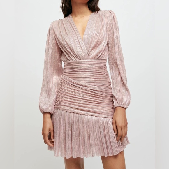 Maje Dresses & Skirts - Maje Lurex metallic sparkly blush pleated long sleeve mini dress